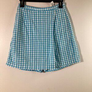 Womens Liz Claiborne Gingham Cotton Seersucker Skort Pockets 6‎ Aqua White